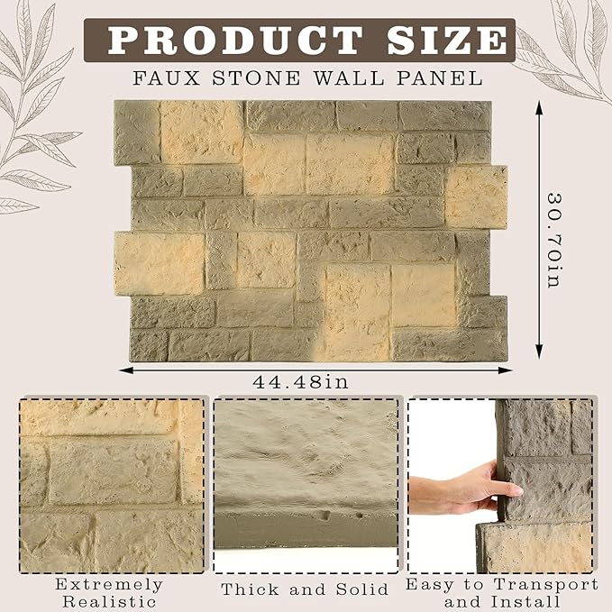 2 Pack PU Stone Faux Wall Panels Outdoor, 44.5"w×30.7"h Rock Exterior Faux Wall