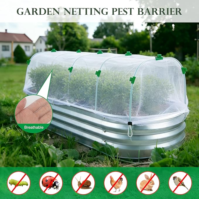 Fayoo Garden Netting for Raised Beds with 60 Garden Hoops, 2 Pack Raised Garden Bed Cover, 0.04in Ultra Fine Mesh Bird Netting Pest Barrier for Vegetables Fruits, DIY Plant Support Kit with 20 Clips