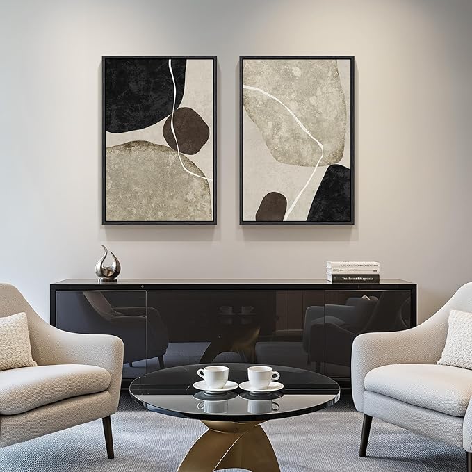 Framed Neutral Abstract Wall Art, 2 Piece Large Modern Black Beige Brown Canvas