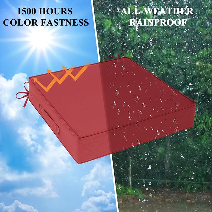 Outdoor Chair Cushions 18.5x16x3 Inch, Waterproof Red Patio Furniture Cushions Set of 2 with Ties & Handle, 3 Year Color Fastness Square Replacement Seat Cushions for Sofa, Couch