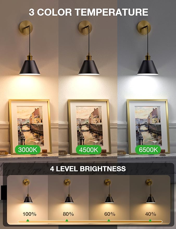 NIORSUN Gold & Black Battery Operated Wall Sconce Set of 2, 5200mAh Dimmable