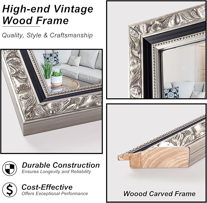 Large Antique Mirror, Rectangular Retro Vintage Silver Mirrors