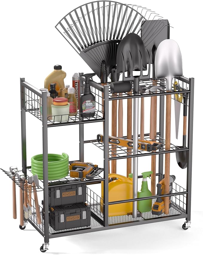 EVERHANGER Garden Tool Organizer, Garage Tool Storage Stand Organizer with Lockable Wheels, Yard Tool Racks, Fit for Long-Handled Tools/Rakes/Brooms