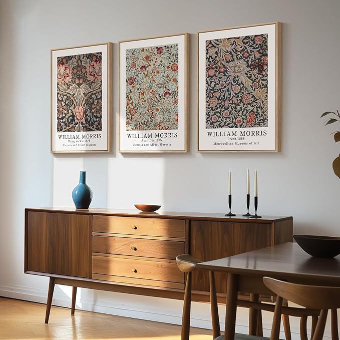 Framed William Morris Canvas Wall Art Set of 3, Vintage Boho Floral Paintings