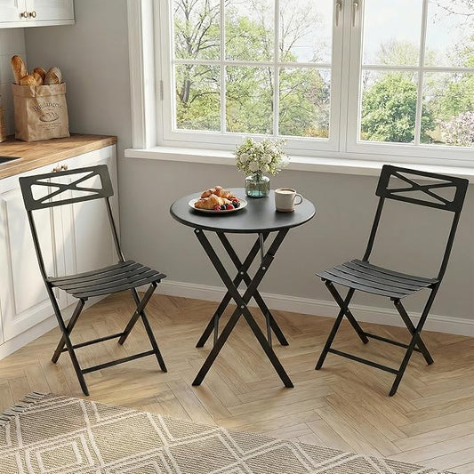 Outdoor Round Bistro Set 3 Piece, Black Iron Patio Furniture Set with Round Table & 2 Chairs, Foldable Steel Backyard Deck Porch Garden Furniture, Space Saving Outdoor Dining Set for Small Spaces