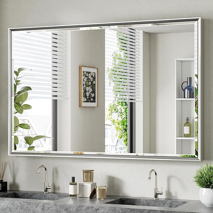 48 x 30 Beveled Bathroom Mirror, Shatterproof Rectangle Mirror, Metal Framed