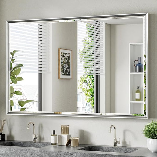 48 x 30 Beveled Bathroom Mirror, Shatterproof Rectangle Mirror, Metal Framed