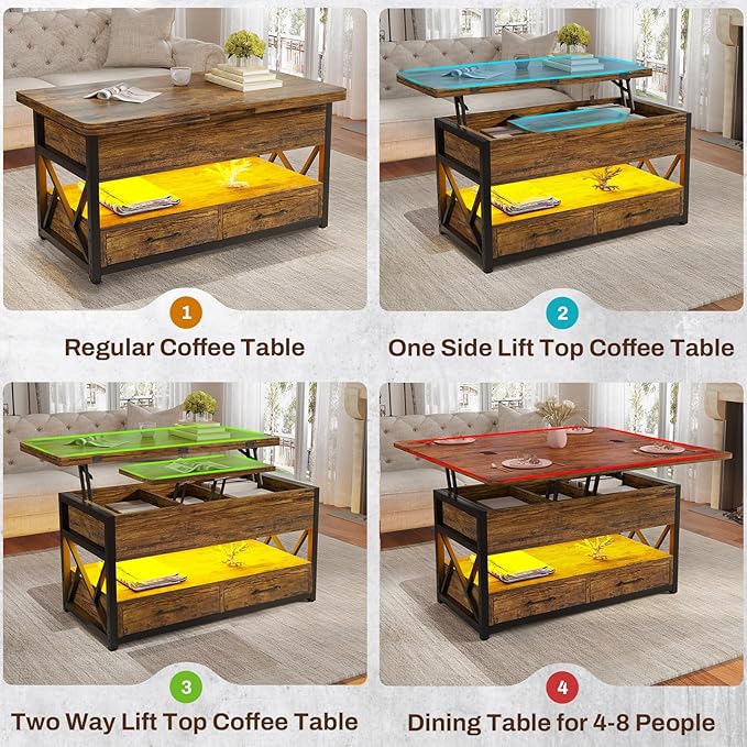 Itaar 40" Lift Top Coffee Table, 4 in 1 Coffee Tables with Storage for Living Room, Small Farmhouse Coffee Table with 2 Drawers & LED Light for Dining Reception Room, Rustic Brown