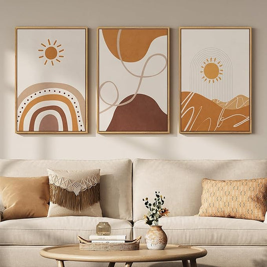 Framed Neutral Abstract Boho Wall Art Bedroom, 3 Piece Terracotta Beige