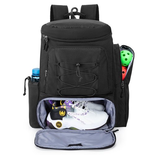 Goburos Pickleball Paddle Backpack for 4 Rackets with Fence Hook, Pickleball Equipment Bag with Shoe Compartment for Men Women, Black