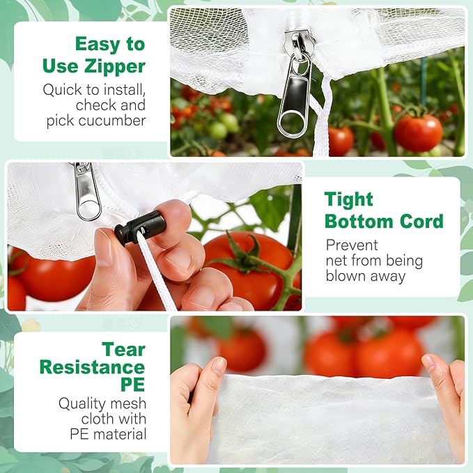 3 Pack Garden Bird Netting Plant Cover for Square Tomato Cage,14.6"x14.6"x51.2" Insect Bird Barrier Tomato Cage Net with Zipper Drawstring,Tomato Trellis Netting Protection Cover for Protecting Plants