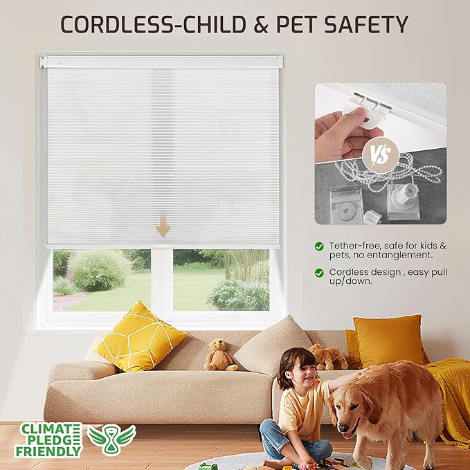 Grandekor No Drill No Tools Cordless Cellular Shades, 26.5" W x 64" H, Light