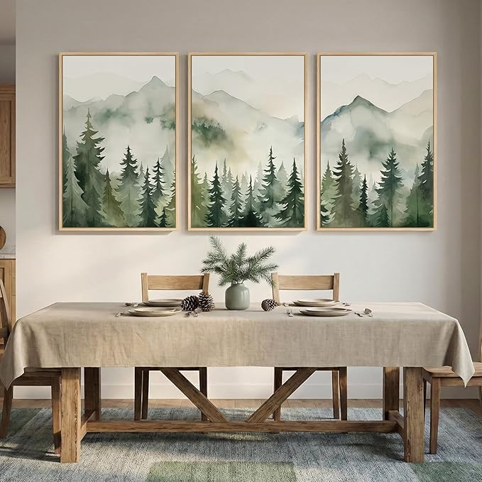 Large Framed Green Forest 3 Piece Wall Art for Living Room, Abstract Landscape Foggy Mountain Print Canvas Artwork for Walls, Modern Nordic Rustic Nature Wall Decor for Bedroom Home Office, 24x36 Inch