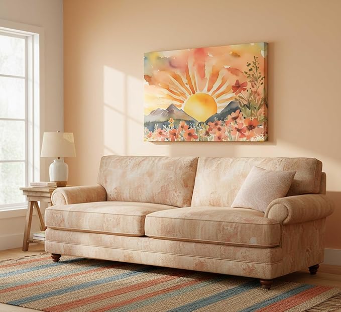 Boho Sun Canvas Wall art Mid-Century Modern Abstract Bohemian Sunset in The