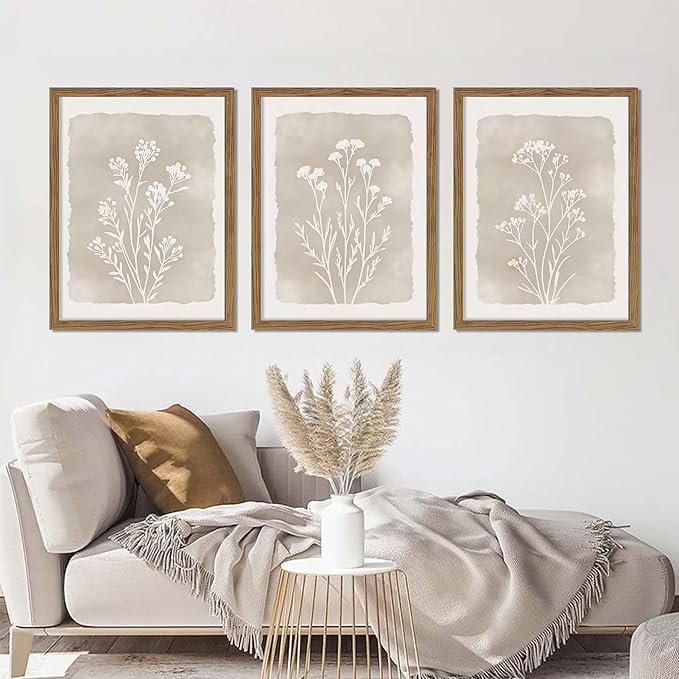 Framed Boho Botanical Flower Wall Art Set of 3, Vintage Minimalist Neutral