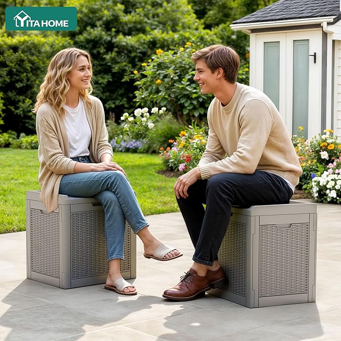 YITAHOME 32 Gallon Outdoor Storage Box, 2-Pack Water Resistant Resin Deck Box, Indoor Outdoor Lockable Storage Container for Patio, Garden, Cushions, Tools, Equipment (Brown)