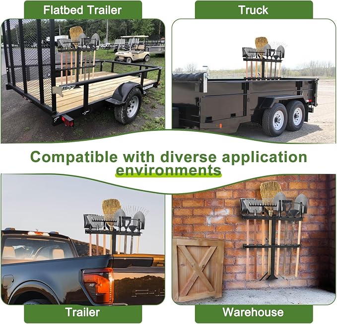 Upgraded Utility Trailer Tool Rack, 8-Hole Shovel and Rake Holder with Rubber Grommets & Brackets, Heavy-Duty Lawn Equipment Organizer for Truck and Open Trailers, Black