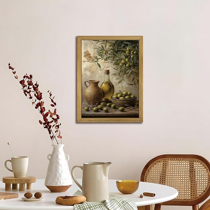 Wood Framed Olive Kitchen Wall Art, Vintage Rustic Still Life Canvas Print