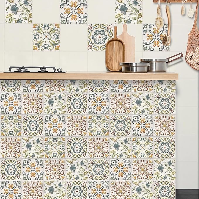 Wudnaye Bohemian Wallpaper Peel and Stick Faux Tile Contact Paper 17”×196” Tile