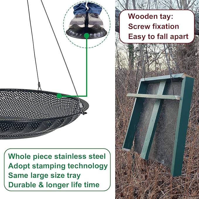 CQAIRIOU Upgraded Hanging Bird Feeder Tray,11.8” Stainless Steel Large Platform Metal Mesh Seed Tray for Backyard Garden Attracting Outside Wild Birds