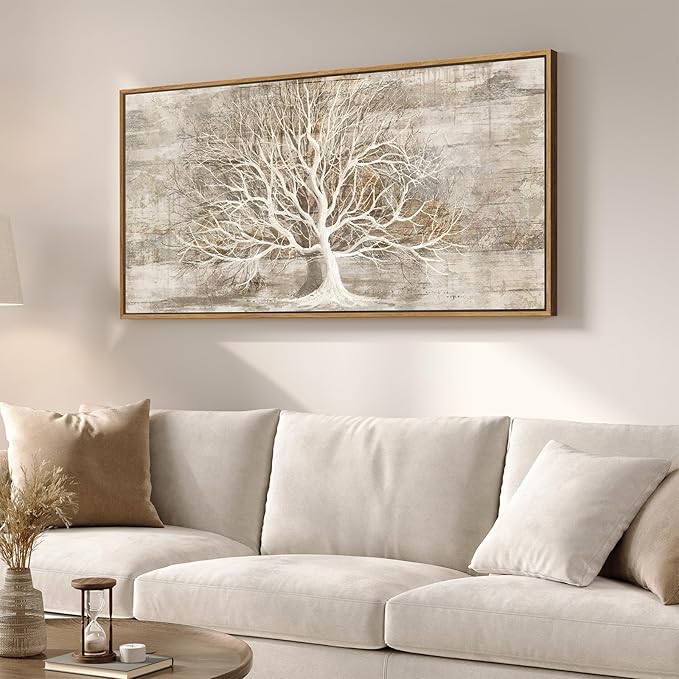 Framed Vintage Tree of Life Wall Art, Neutral Rustic Farmhouse Tree Canvas