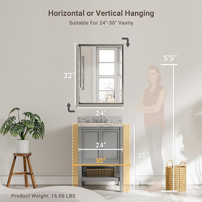 Brushed Nickel Bathroom Mirror, 24x32 Inch Beveled Framed Bathroom Mirror