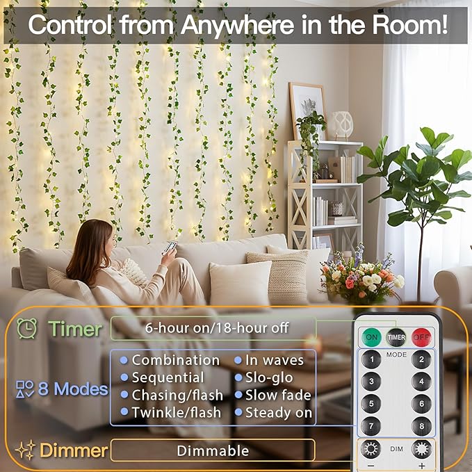 suddus Vines with Lights for Bedroom, 150 LED Fairy Lights with Vines, Ivy