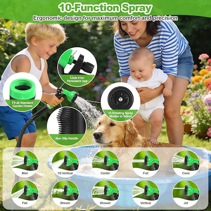 Garden Hose 100ft, Non-Expanding Flexible Hose, Lightweight, Kink Free, Sturdy, Leak-Proof, Portable, Water Hose with 10 Function Nozzle for Outdoor, Yard, Lawn, Car Wash and Camper Use