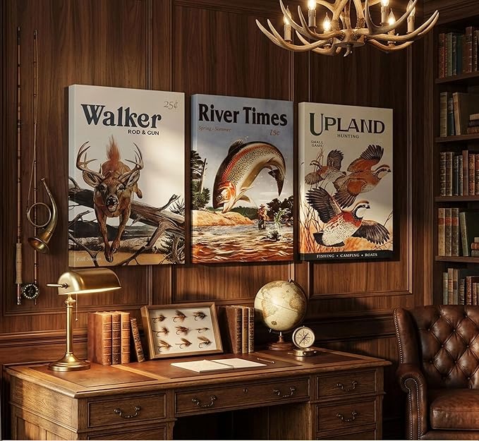 3Pcs Retro Hunting Canvas Wall Art Outdoorsy Wild Animal Wall Decor Pictures Nature Wilderness Deer Wild Duck Fishing Posters Prints Gift Send Hunter Dad For Farmhouse Living Room Bedroom Decoration