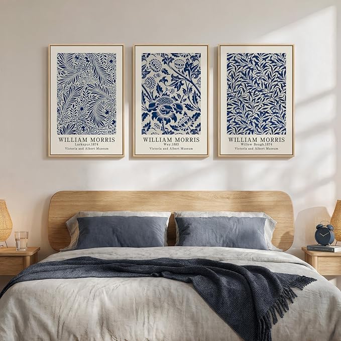 Framed William Morris Wall Art Set of 3, Large Vintage Blue Botanical Floral