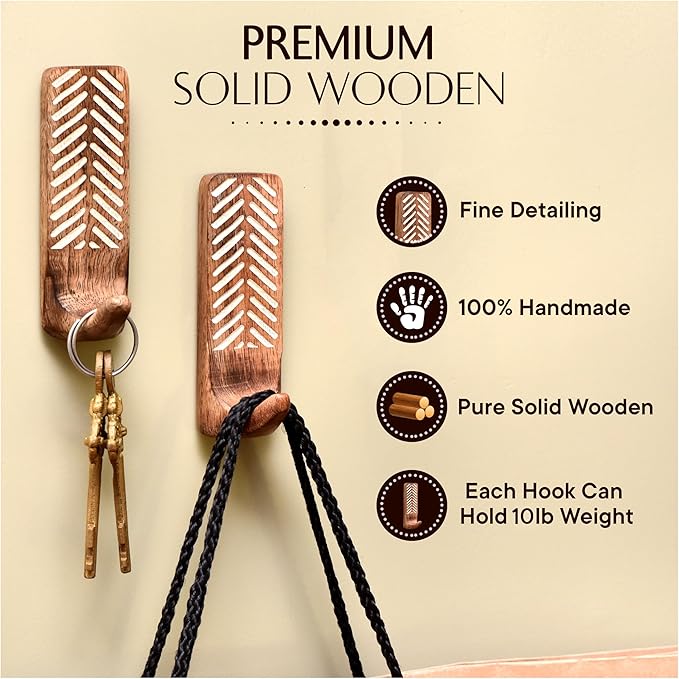 IndianShelf 10 LB- 3 Pieces Decorative Wood Adhesive Wall Hooks–Boho Peel and