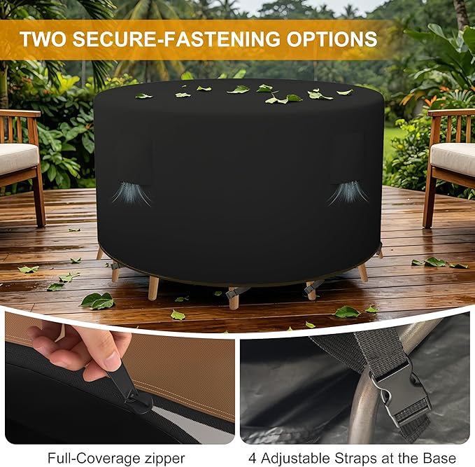 HDCAXKJ Round Patio Table Cover Waterproof Outdoor Dining Table and Chair Set Cover Heavy Duty Round Protector with Zipper Anti-Fading Cover for Outdoor Furniture (Black, 84"DIA x 39"H)