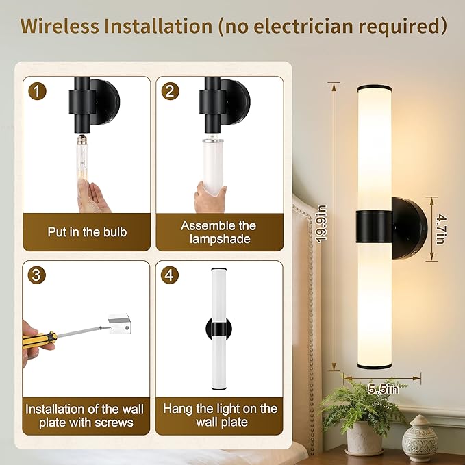 Morauroral Black Battery Operated Wall Sconces Set of 2, Rechargeable Wall