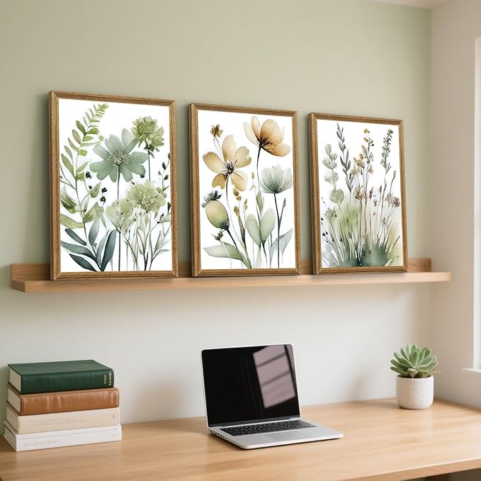 SYWENNOI Wood Framed Green Botanical Canvas Wall Art, Boho Floral Watercolor