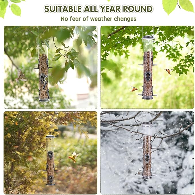 MIXXIDEA 1PK Metal Wild Bird Feeder,Squirrel Proof Bird Feeders for Outside,Hanging 6 Port Tube Bird Feeder Transparent Finch Bird Feeder for Attracting Birds in Your Lawn, Garden, Balcony-Gray