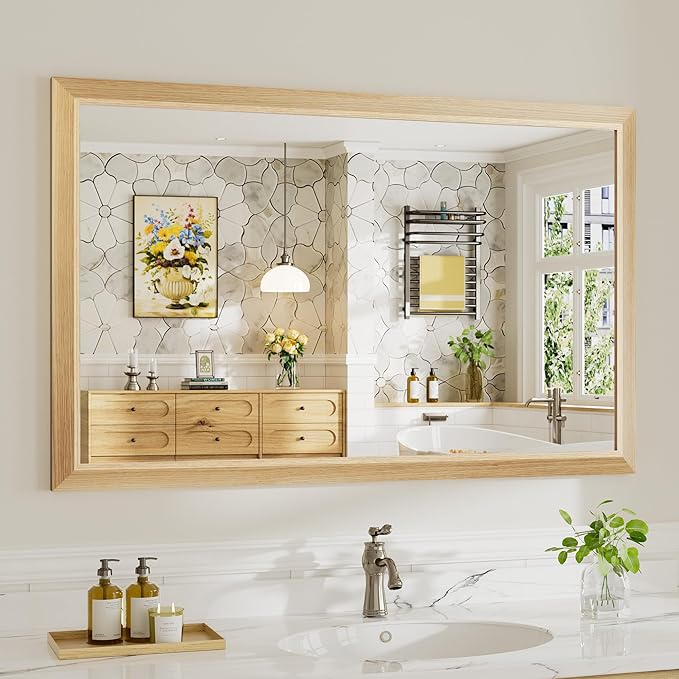 48x30 Inch Bathroom Mirror for Wall, Anti-Rust Oak Wood Grain Metal Framed