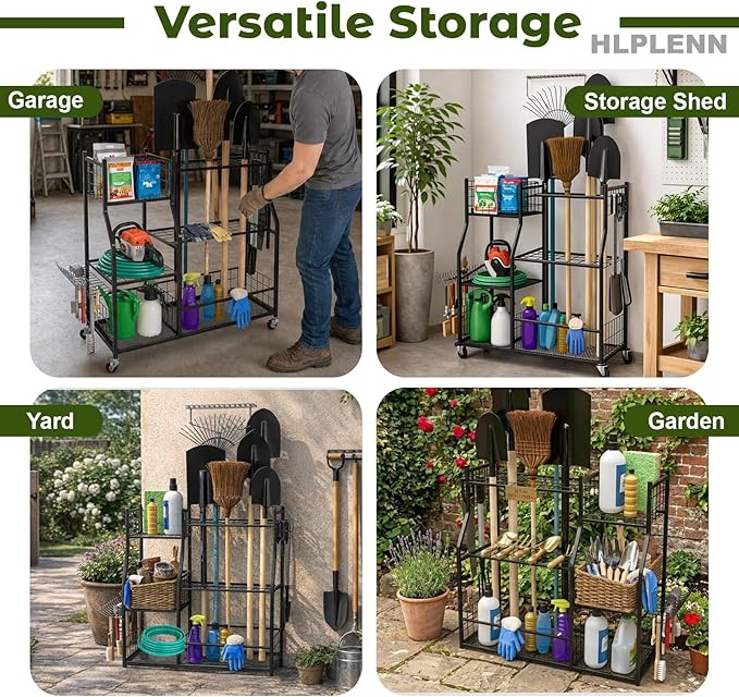 Large Garden Tool Organizer with Wheels, Yard Tool Organizer Stand for Long Handled Tools, Indoor/Outdoor Metal Yard Tool Storage Rack Cart for Garage, Shed, Garden