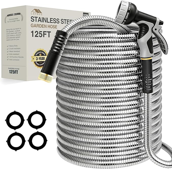 Lefree 125ft Stainless Steel Garden Hose - No-Kink Leak-Proof Crush Resistant, Dog Chew Proof with Upgraded Protective Rubber Sleeve, 10-Function Nozzle for Large Yard, Gardening, RV, Pet Bath
