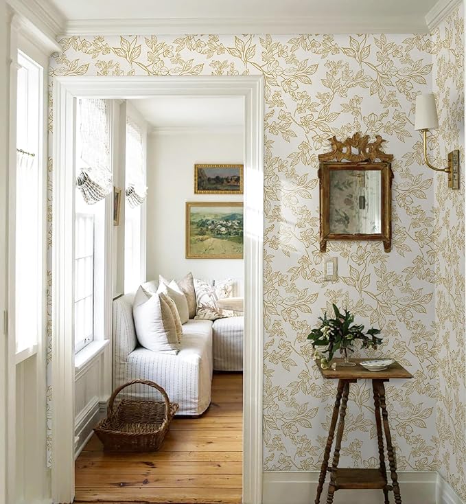Ismoon Floral Wallpaper Peel and Stick Vintage Flower Beige and Gold Contact