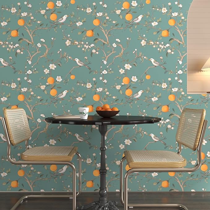 Green Floral Wallpaper Peel and Stick, Birds & Orange Fruits Contact Paper