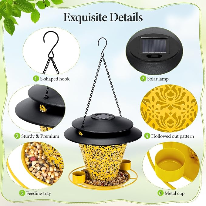 Solar Bird Feeders for Outside Hanging Metal Wild Bird Feeder Solar Lanterns Outdoor Waterproof Garden Decor for Yard Yellow