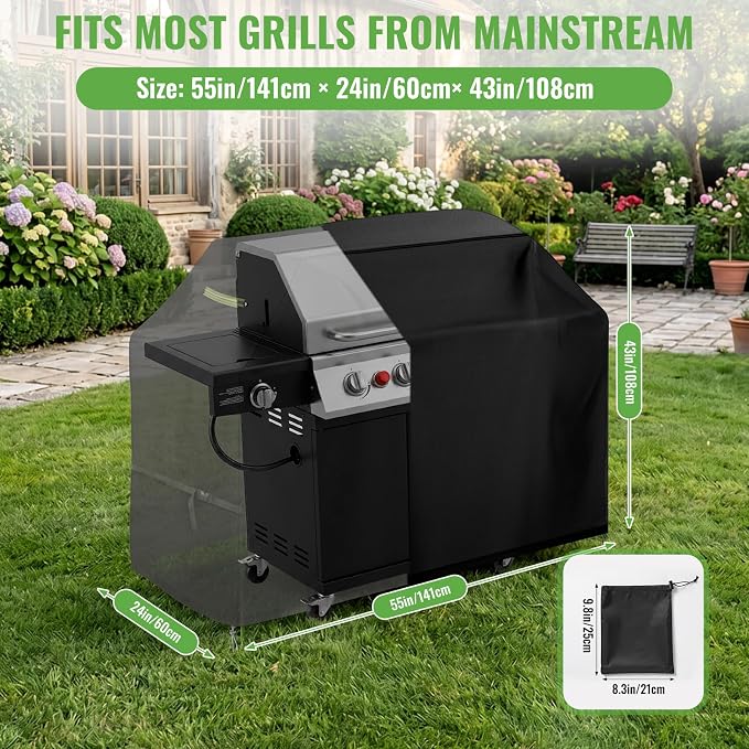 Grill Cover for Backyard & Gas Grills - 55×24×43 Inch Heavy Duty Waterproof, Windproof Buckles & Night Vision Handles