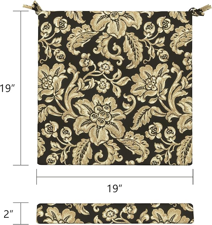 LVTXIII Outdoor Seat Cushions Set of 4 Square Corner Chair Cushions with Ties, Patio Chair Pads for Home Office and Patio Garden Furniture Decoration 19"x19"x2", Jacobean Black