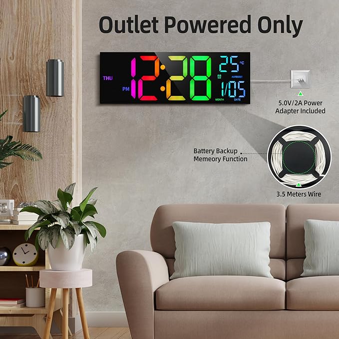 HAITANG 8 Colors Digital Wall Clock, 16.2" Large Digital Clock