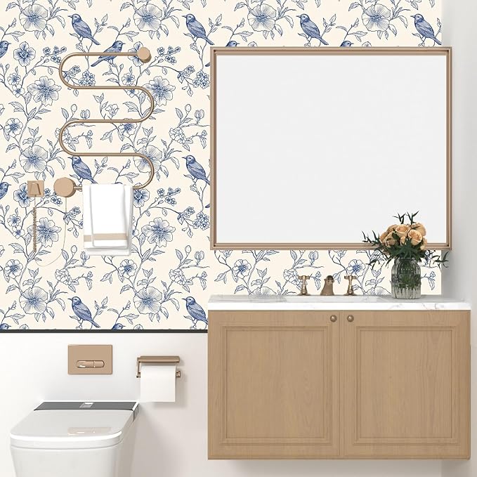 Beige Wallpaper Peel and Stick Blue Floral Bird Vintage Contact Paper 17.5" x