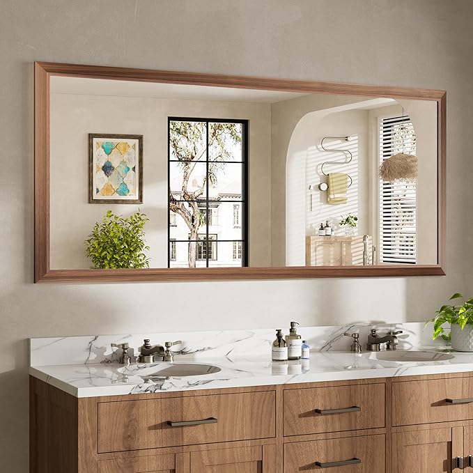 72x32 Inch Bathroom Mirror for Wall, Anti-Rust Walnut Wood Grain Metal Framed