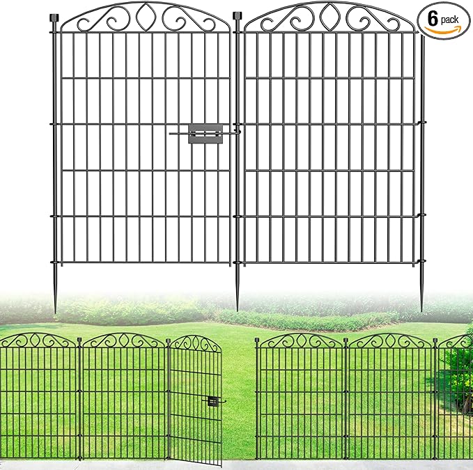 No Dig Decorative Garden Fence 6 Panel with Gate - 36in H x 12.1 ft L, Tall Animal Barrier for Dogs Rabbits, Rustproof Metal Wire Panels for Yard, Patio, and Outdoor Border Use