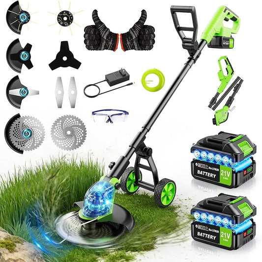 20000 RPM Electric Weed Wacker Cordless, 12â³ Brushless Weed Eater Battery Powered with Wheel, 4-in-1 Grass Trimmer/Brush Cutter/String Trimmer, Lawn Mower Edger Stringless Weed Trimmer, 2 Battery Tool