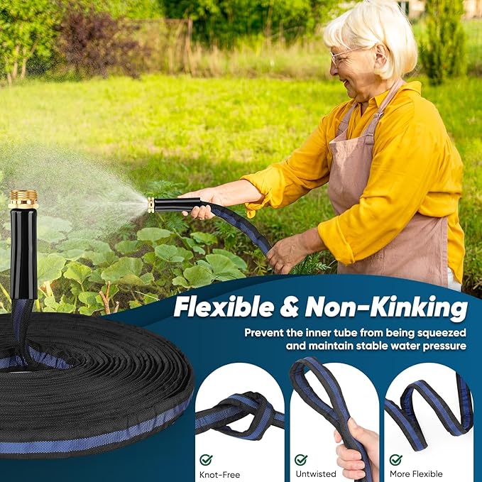 Garden Hose 50ft, Non-Expanding Water Hose, Flexible Ultra-Light, Anti-Kink, Wear-Resistant, Portable, Easy Storage, Hose with 3/4 for Outdoor, Garden, Yard and Lawn, Black Dark Blue