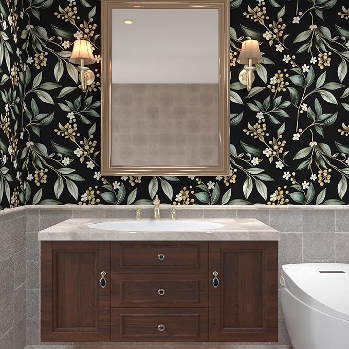 Extra Long Dark Peel and Stick Wallpaper 17.5" x 393" – Vintage Floral Green